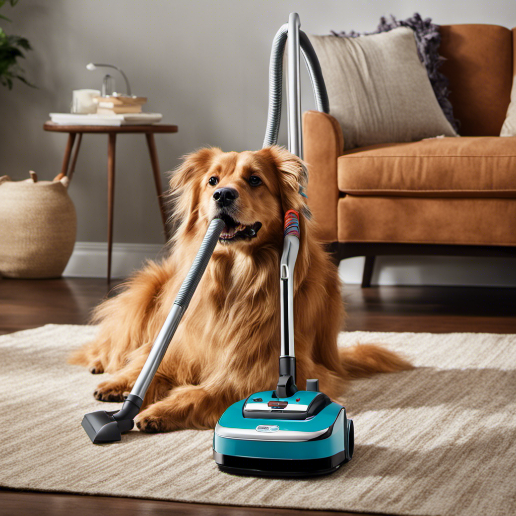 An image that showcases a determined pet owner gently holding a Bobsweep vacuum, with a puzzled expression, as a trail of colorful pet hair escapes the vacuum's path, floating in the air