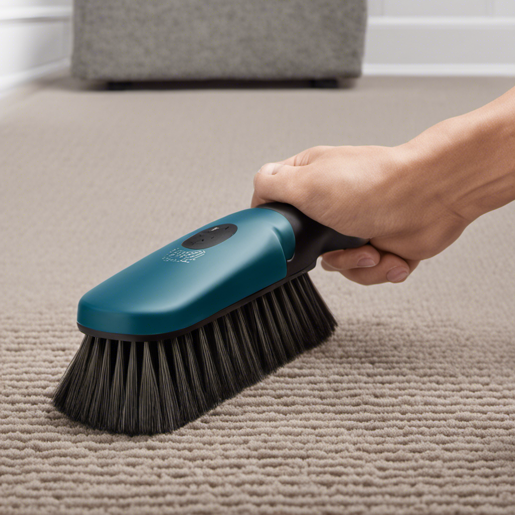 An image of a hand in a tight grip, firmly pressing down on a rubber cleaning brush against a carpet