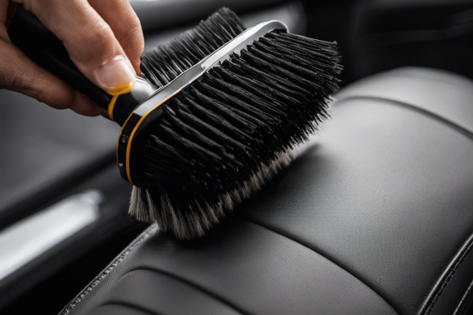 An image showcasing a person using a specialized pet hair removal brush to meticulously clean car upholstery