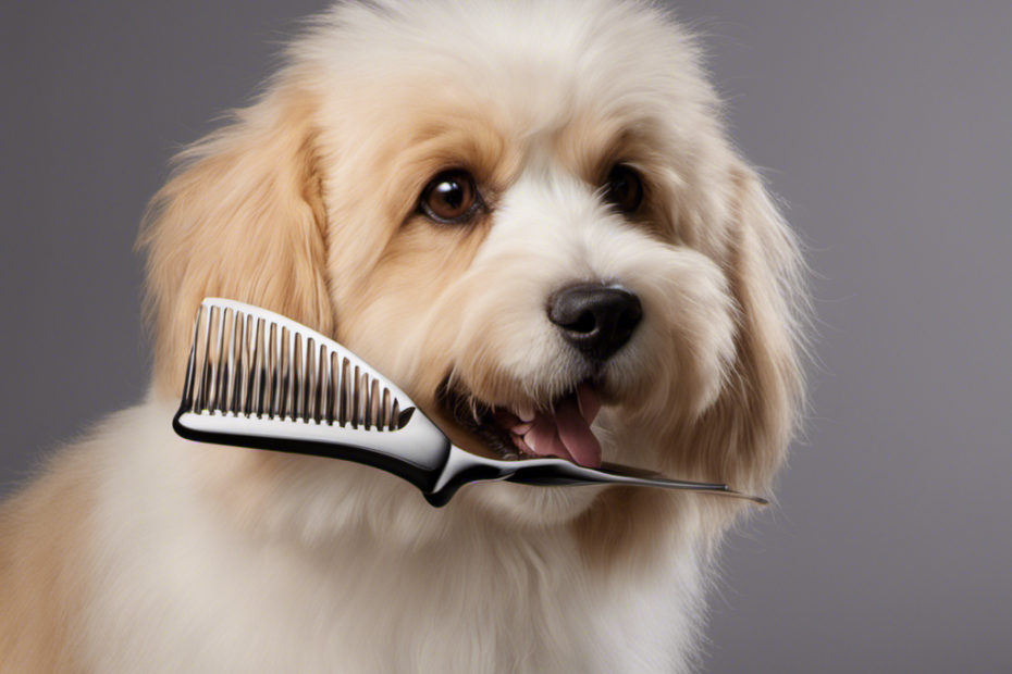 An image showcasing a close-up of a metal comb's closely packed teeth gliding through a furry pet's coat, effortlessly capturing and removing loose hair