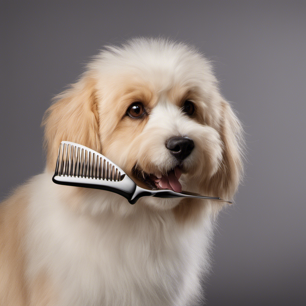 An image showcasing a close-up of a metal comb's closely packed teeth gliding through a furry pet's coat, effortlessly capturing and removing loose hair