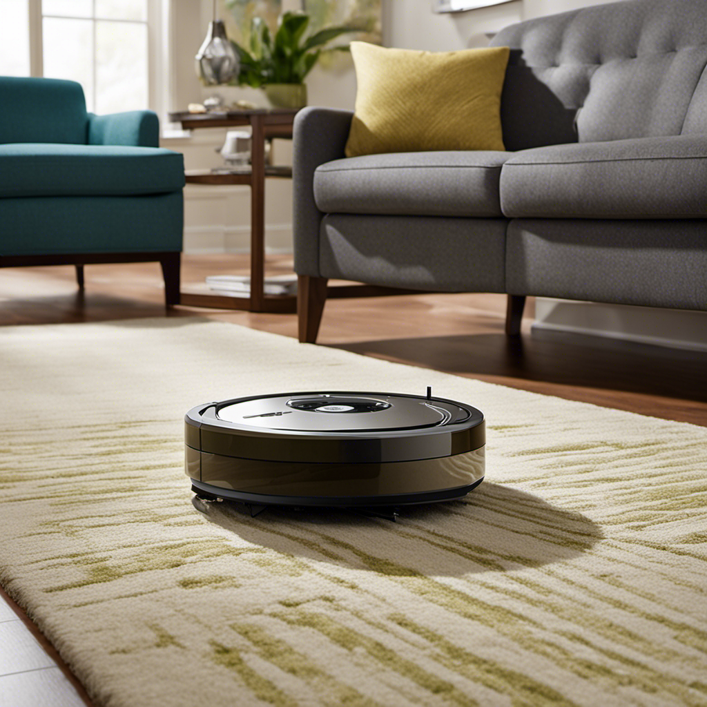 An image capturing a Roomba gracefully gliding across a living room floor, its bristle brush effortlessly lifting clumps of pet hair