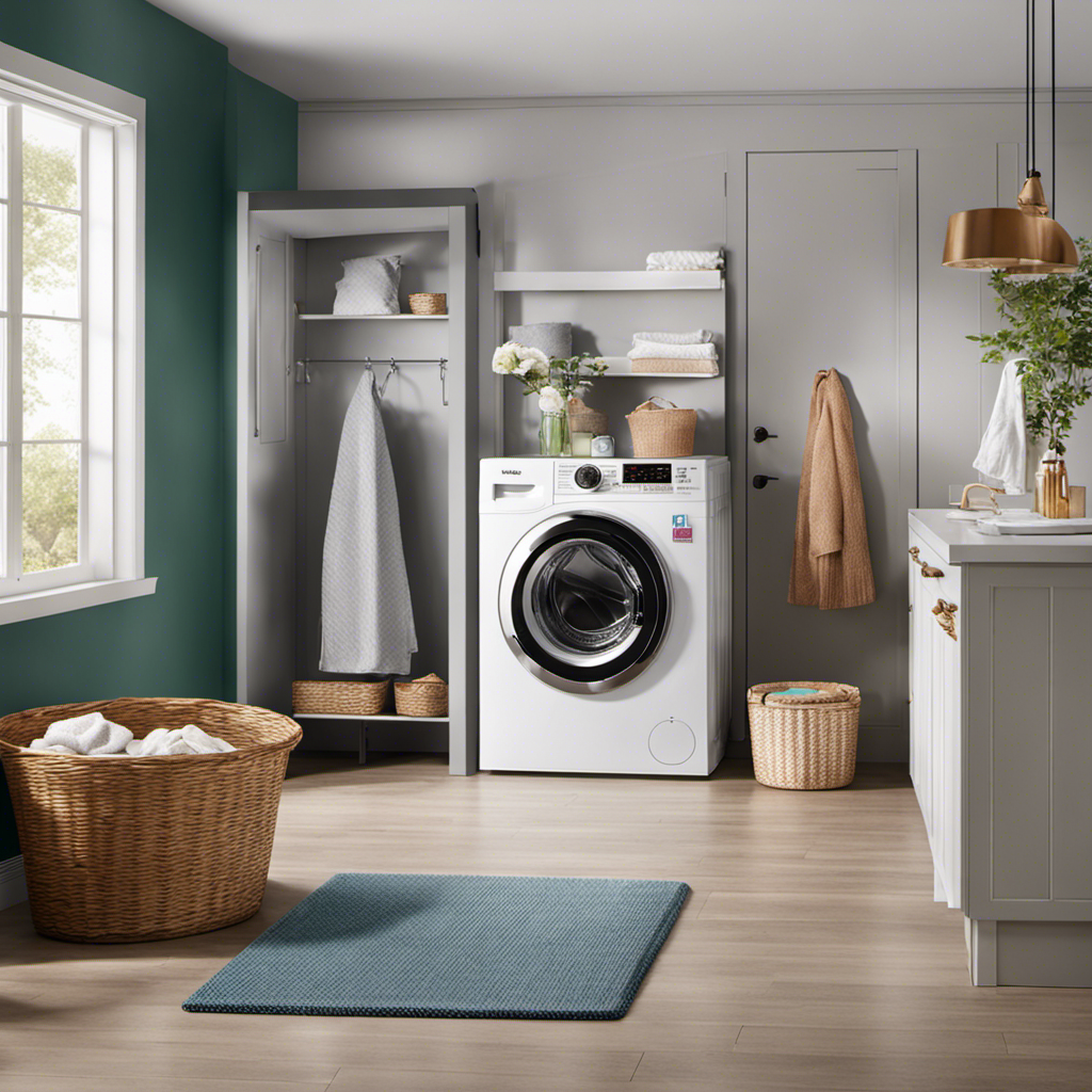 An image showcasing a vibrant laundry room scene with a washing machine in action