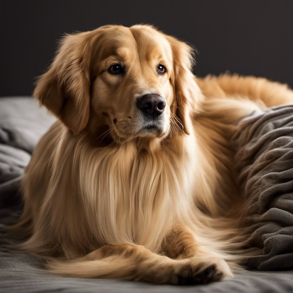 An image capturing the intricate details of a Bounce Pet Hair sheet in action: a fluffy, golden retriever's coat releasing countless tiny hairs that effortlessly cling to the sheet's textured surface, leaving the dog's fur sleek and pristine