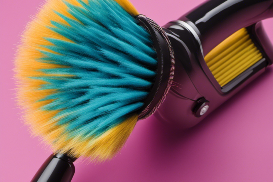 An image showcasing a close-up shot of a vacuum cleaner's brush roller, densely covered in various lengths and colors of pet hair, entangled within the bristles