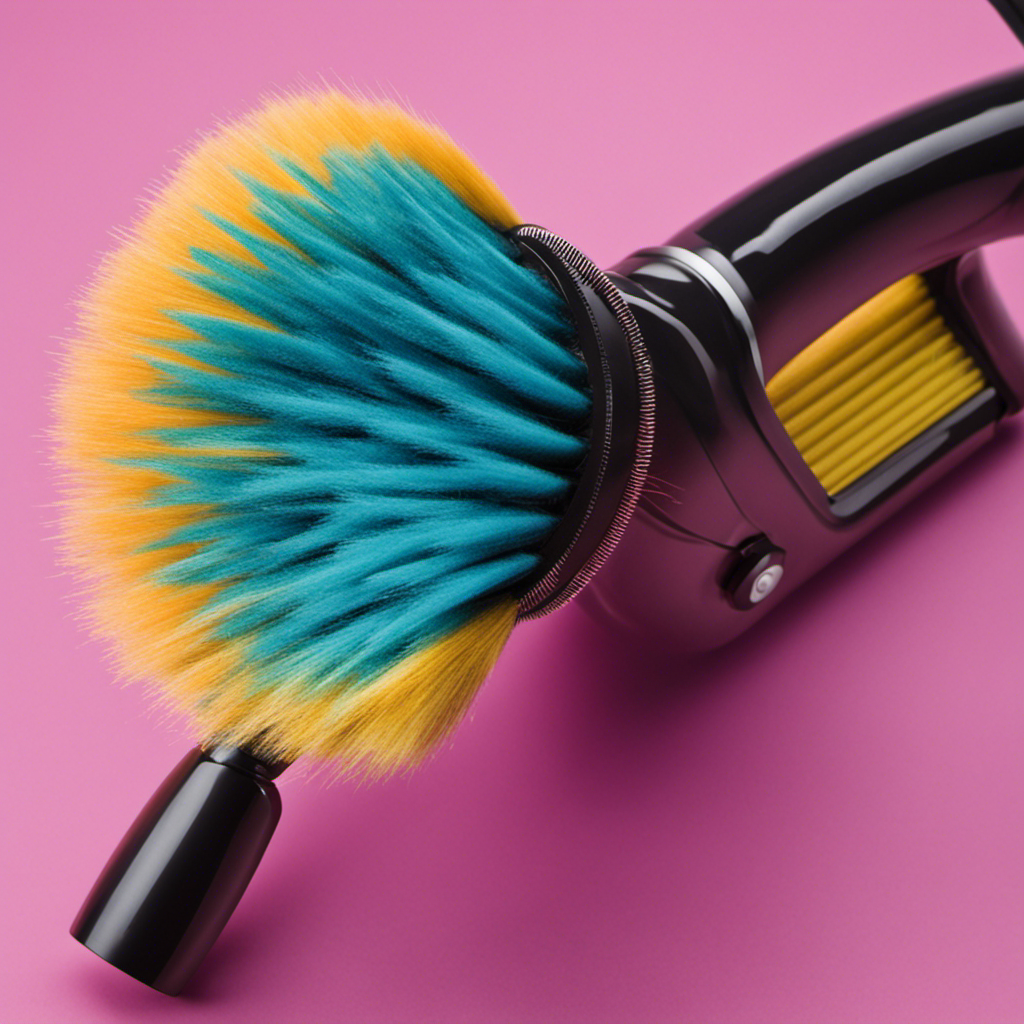 An image showcasing a close-up shot of a vacuum cleaner's brush roller, densely covered in various lengths and colors of pet hair, entangled within the bristles
