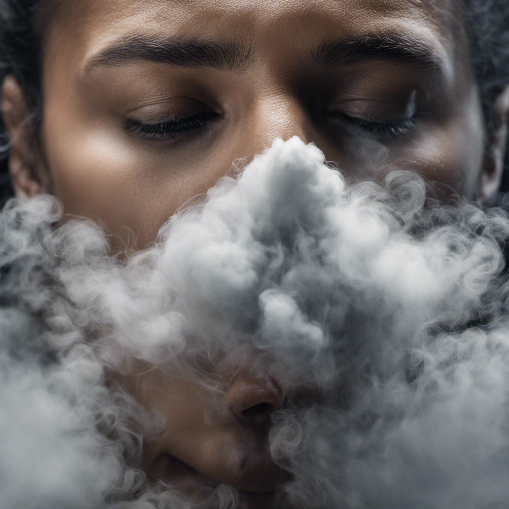 An image that showcases a close-up view of a person with asthma, visibly struggling to breathe amidst swirling clouds of pet hair and dust particles, capturing the detrimental impact on their respiratory system