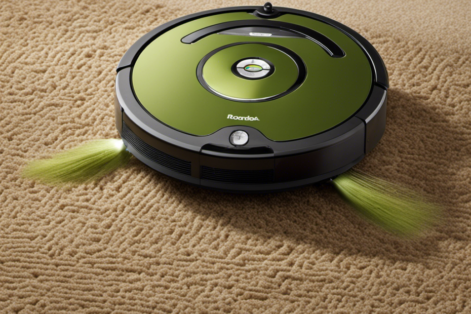 An image showcasing a Roomba effortlessly gliding across a carpeted floor littered with clumps of pet hair