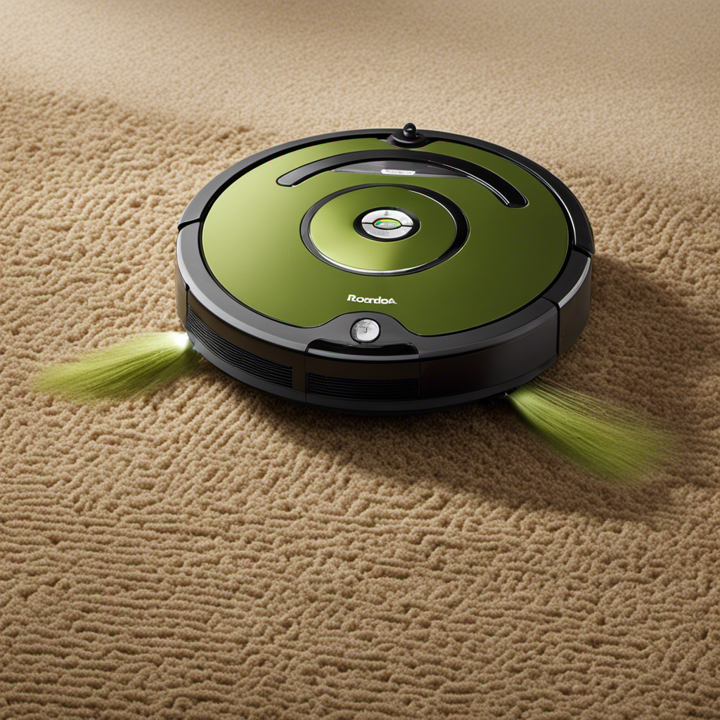 An image showcasing a Roomba effortlessly gliding across a carpeted floor littered with clumps of pet hair