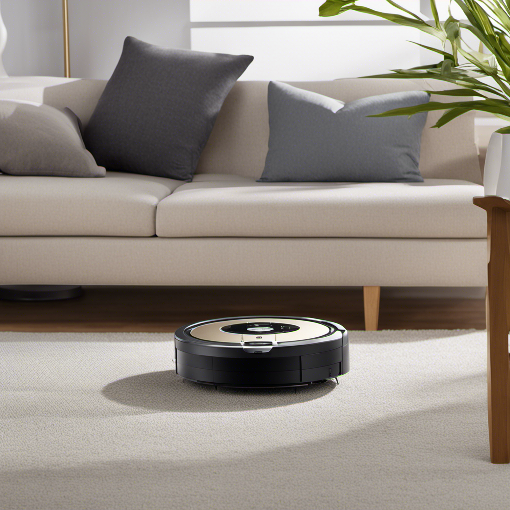 An image that showcases a Roomba effortlessly gliding across a carpet, capturing strands of pet hair with its rotating bristles