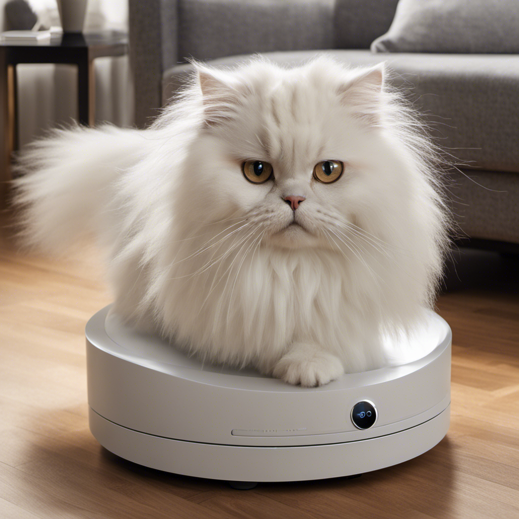 An image showcasing a fluffy white Persian cat playfully batting a clump of pet hair towards a sleek Roomba, which deftly maneuvers to capture every strand, while its bristles spin with precision