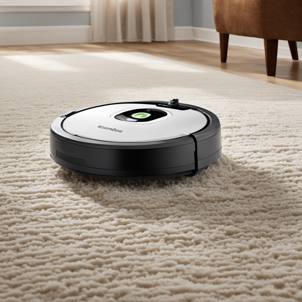 An image showcasing a Roomba 670 effortlessly gliding across a carpet, capturing pet hair with its high-powered suction
