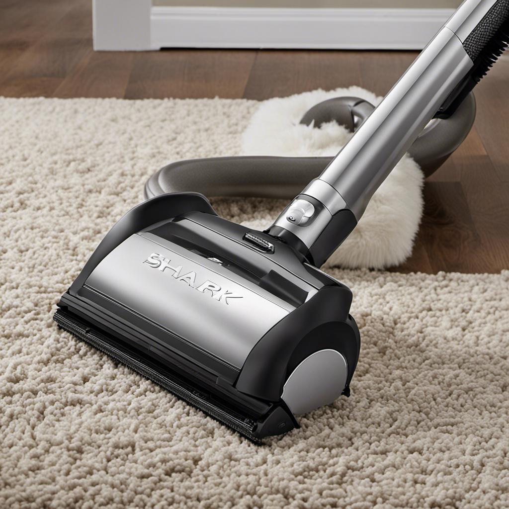 An image showcasing a sleek Shark Vacuum effortlessly gliding over a carpet, capturing and trapping pet hair