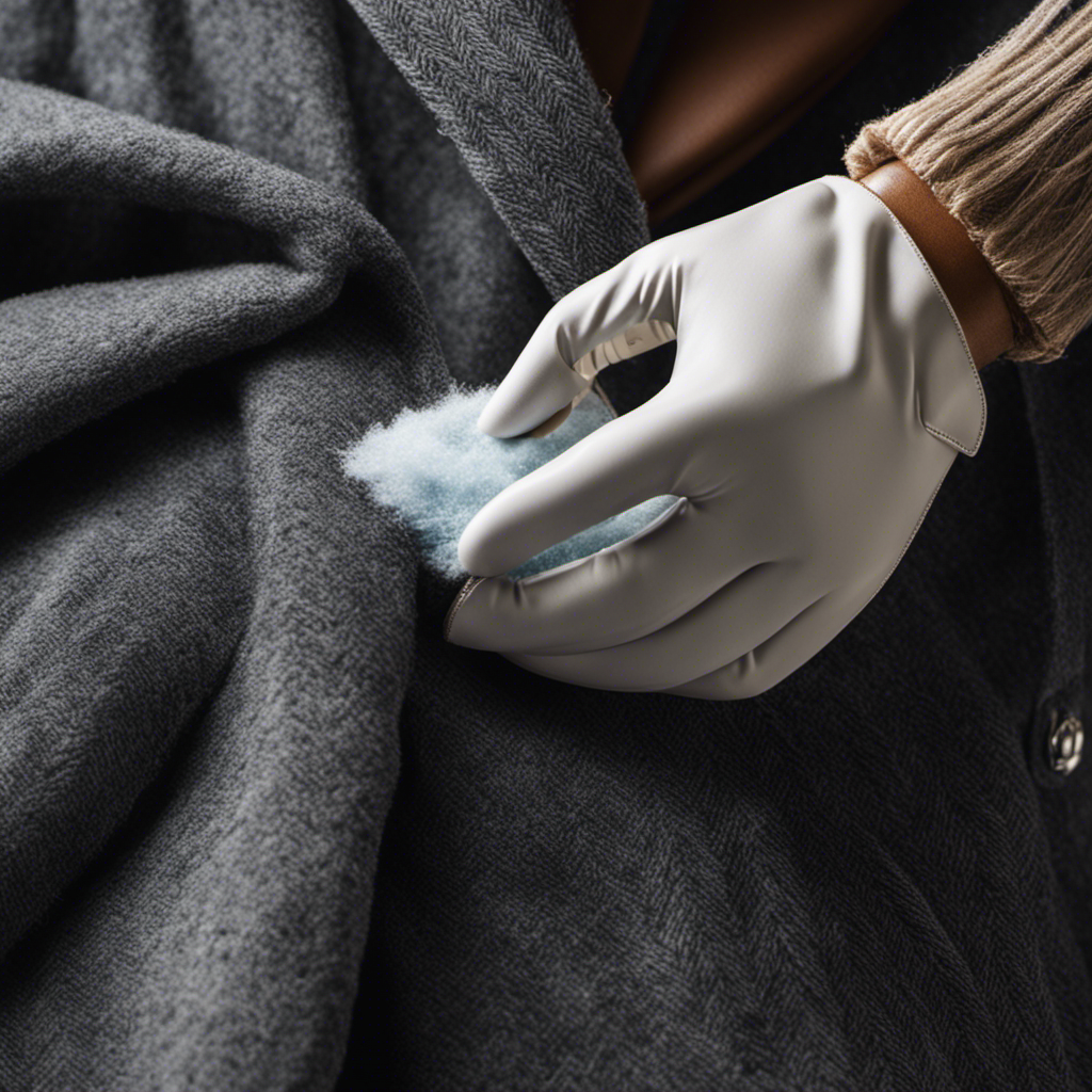 An image showcasing a close-up of a gloved hand delicately removing strands of lint and pet hair from a luxurious wool coat using a lint roller, while a powerful vacuum cleaner stands nearby