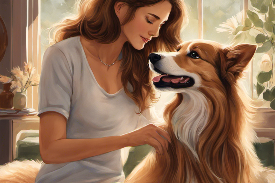 Create an image showcasing a pet owner gently brushing their furry companion's coat, surrounded by floating hair strands