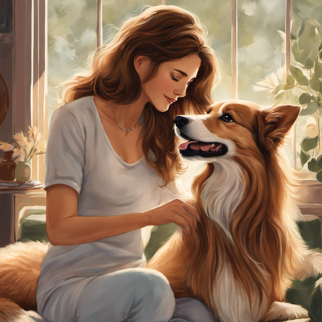 Create an image showcasing a pet owner gently brushing their furry companion's coat, surrounded by floating hair strands