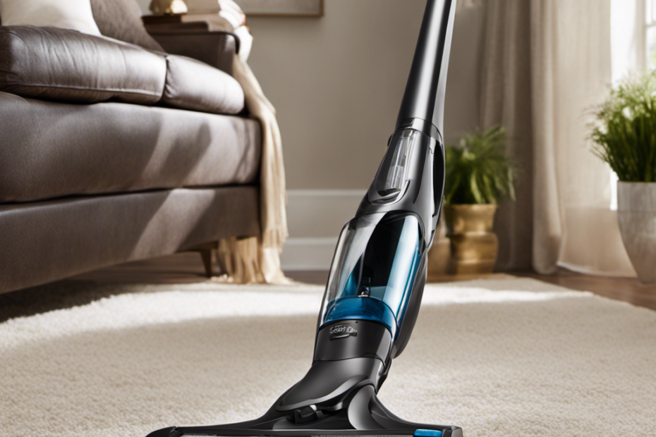 An image showcasing a hand-held vacuum cleaner gliding over a plush carpet, effortlessly removing stubborn pet hair