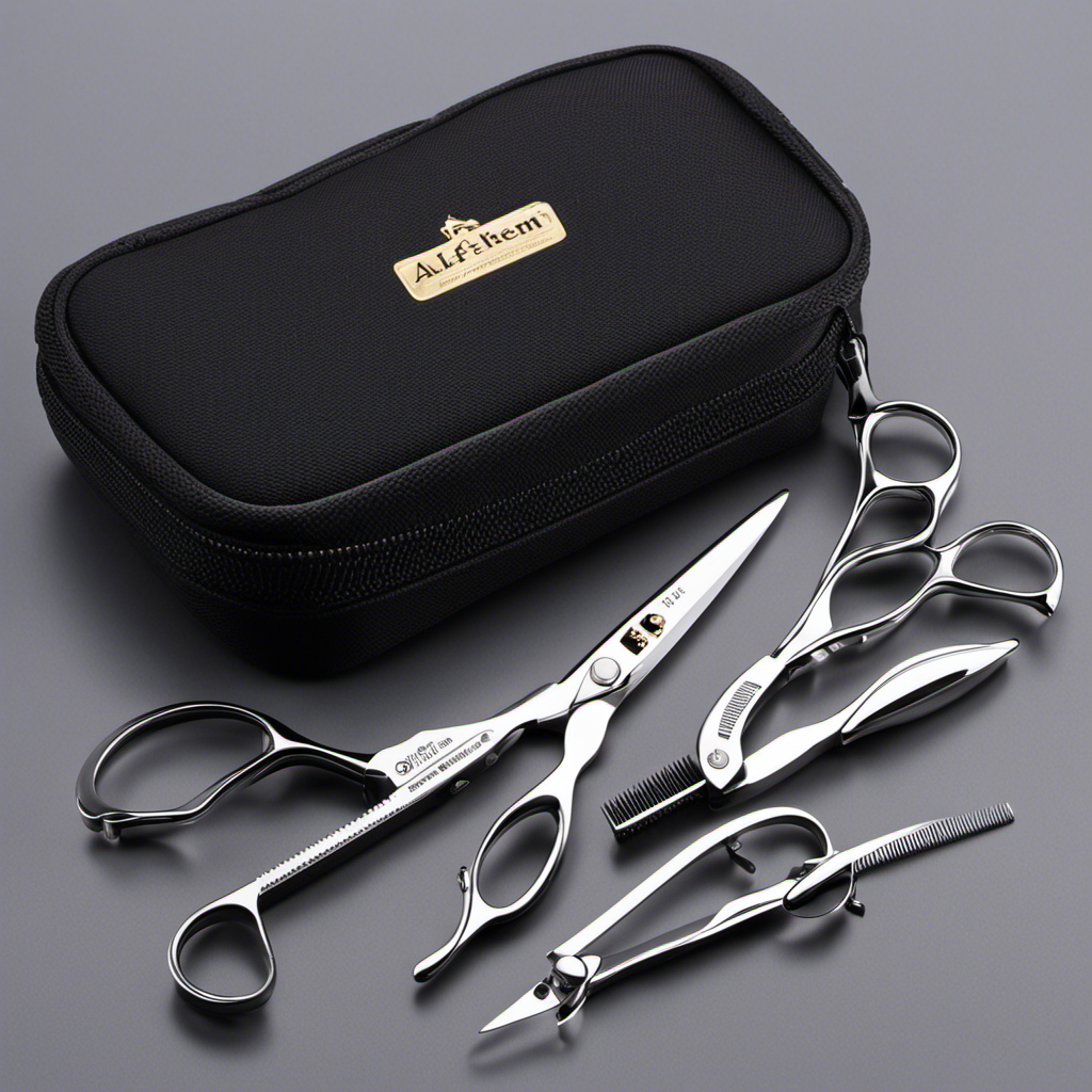 An image showcasing a professional grooming set for dogs, featuring the Alfheim Professional 4 Pieces Dog Pet Hair Grooming Scissors Set