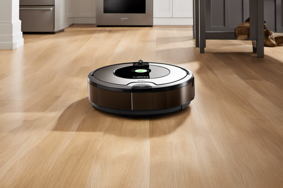 An image capturing a Roomba effortlessly gliding across a gleaming hardwood floor, efficiently sucking up every strand of pet hair in its path