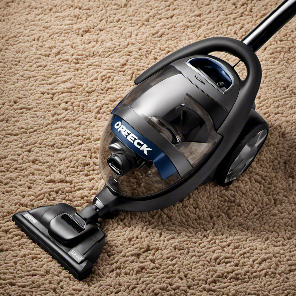 An image showcasing a commercial Oreck vacuum effortlessly removing pet hair from a furry carpet