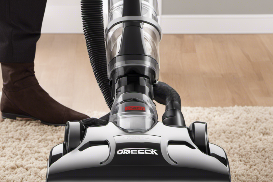 An image showcasing a commercial Oreck vacuum effortlessly tackling pet hair