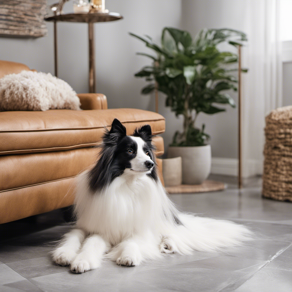 An image showcasing a gleaming, spotless tile floor adorned with a fluffy white rug in a pet-free zone