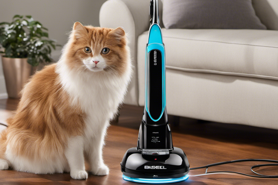 An image featuring a Bissell Pet Hair Eraser vacuum plugged into a charging dock
