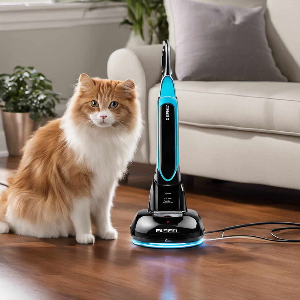 An image featuring a Bissell Pet Hair Eraser vacuum plugged into a charging dock