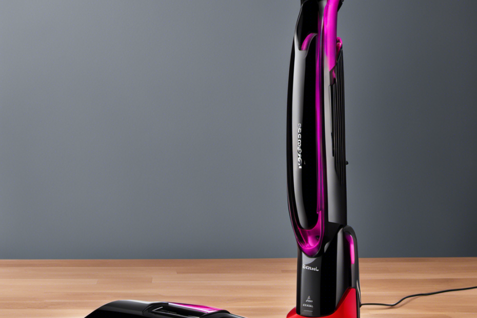 An image featuring a sleek Bissell Pet Hair Cordless Hand Vacuum in vivid colors against a backdrop of a charging dock with an illuminated LED indicator displaying a progress bar, showcasing the vacuum's charging time