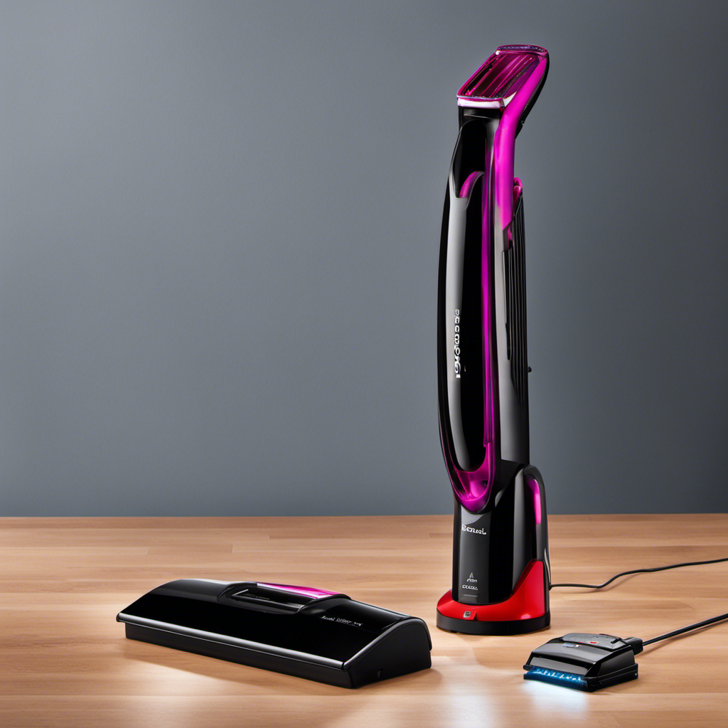 An image featuring a sleek Bissell Pet Hair Cordless Hand Vacuum in vivid colors against a backdrop of a charging dock with an illuminated LED indicator displaying a progress bar, showcasing the vacuum's charging time