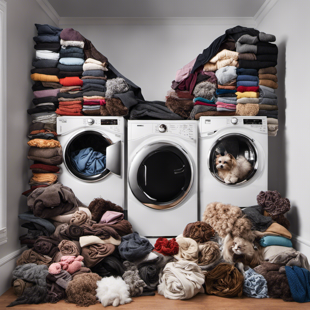 An image showing a dryer stuffed with a load of clothes, covered in various types of pet hair
