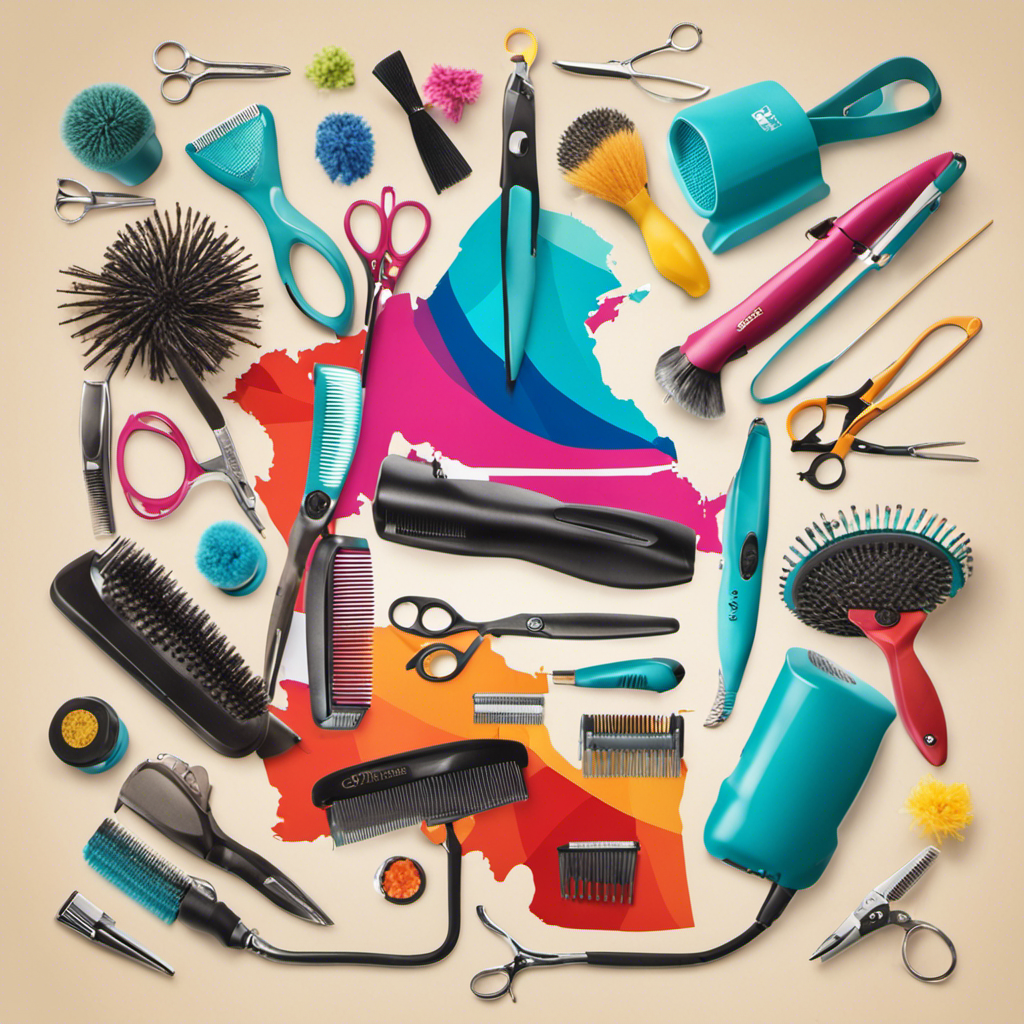 An image showcasing a vibrant collage of colorful pet grooming tools, including clippers, brushes, and blow dryers, against the backdrop of a map of the United States dotted with various pet hair salon icons