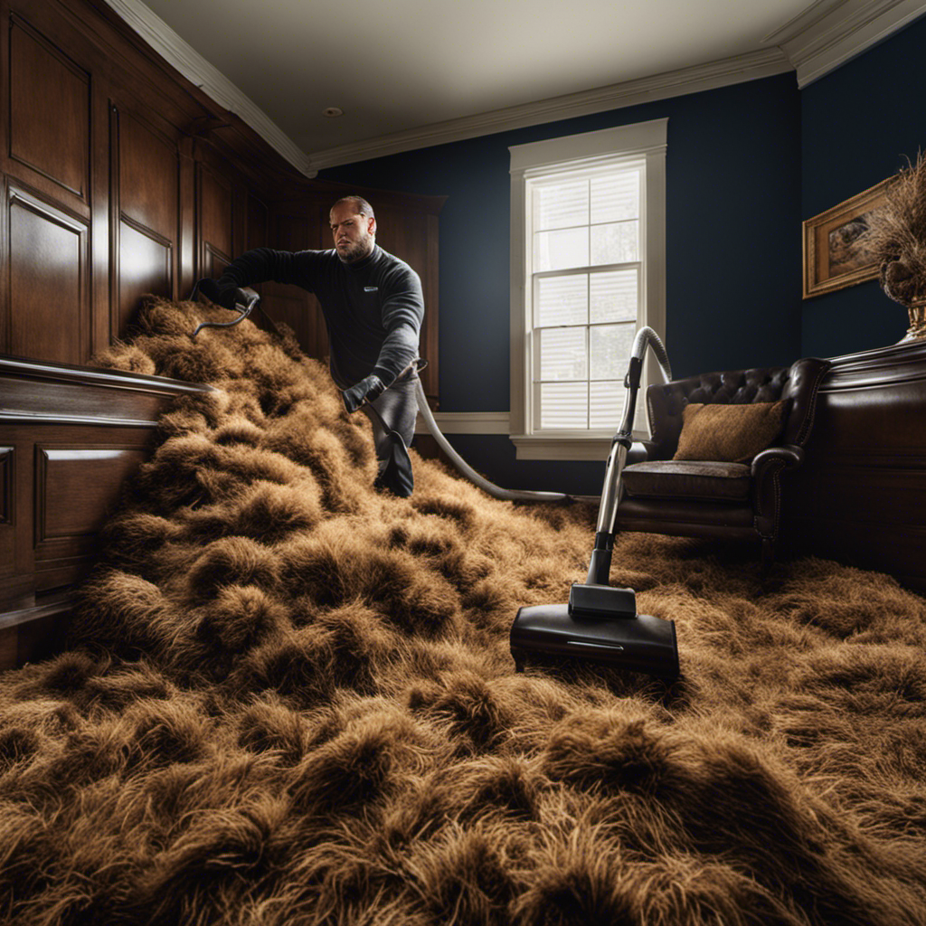 An image showcasing a person in Ohio, meticulously vacuuming a house engulfed in pet hair