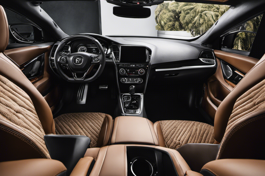 An image showcasing a car interior with abundant pet hair embedded in the seats, carpet, and air vents