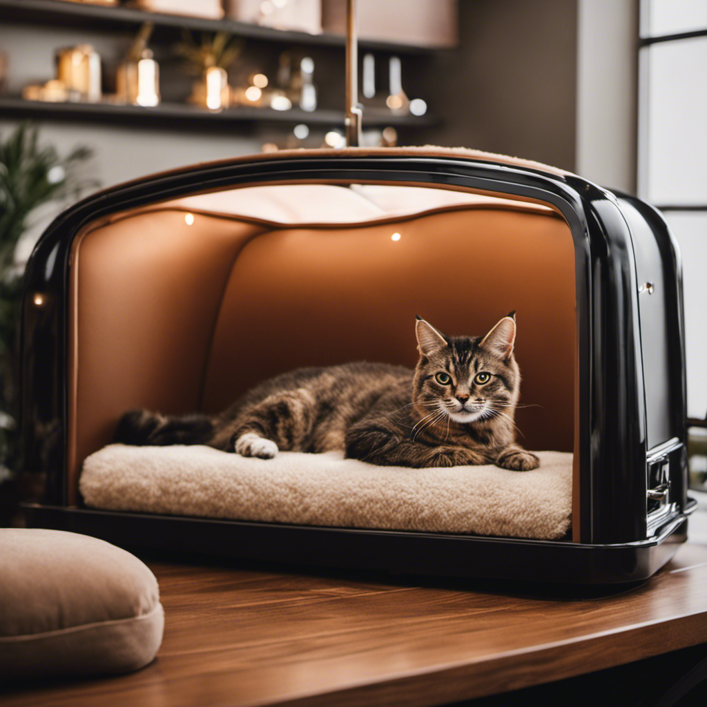 An image showcasing a serene, well-groomed cat lounging on a plush, velvety cushion inside a luxurious mobile pet salon adorned with the distinct branding of Aussie Pet Mobile Puget Sound Edmonds