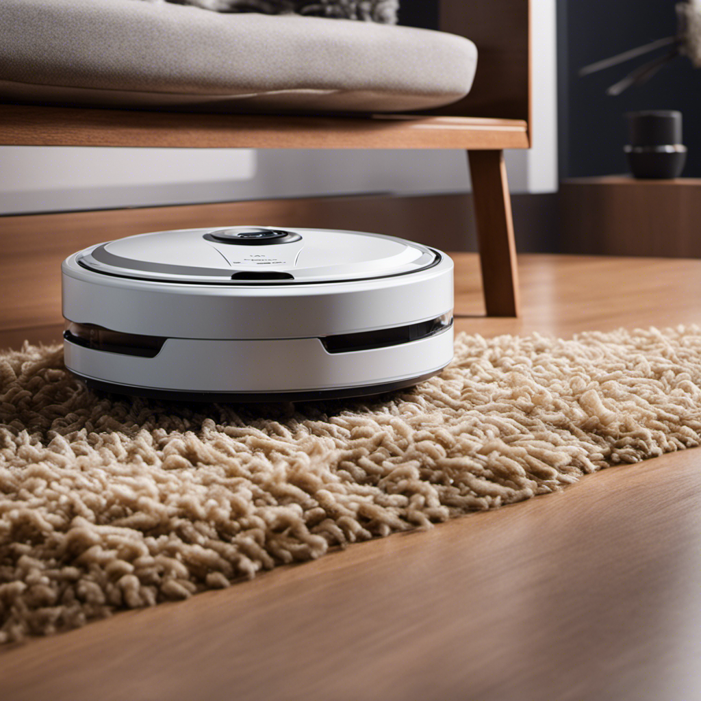 An image showcasing a pet robot vacuum, engulfed in a colossal pile of pet hair, filling every corner of its transparent hair container, while tiny specks of dust float in the air