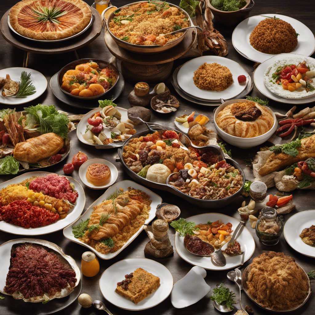 An image depicting a dining table covered in an assortment of delicious dishes, each infused with various pet hairs - a visual feast illustrating the surprising amount of fur consumed by pet owners annually