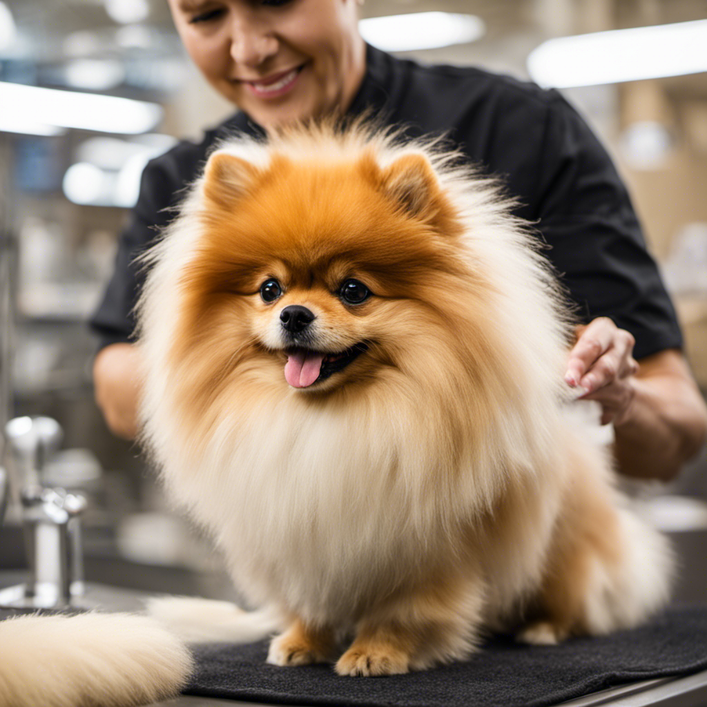 An image showcasing a skilled PetSmart groomer expertly trimming a fluffy Pomeranian's fur, meticulously sculpting its elegant mane