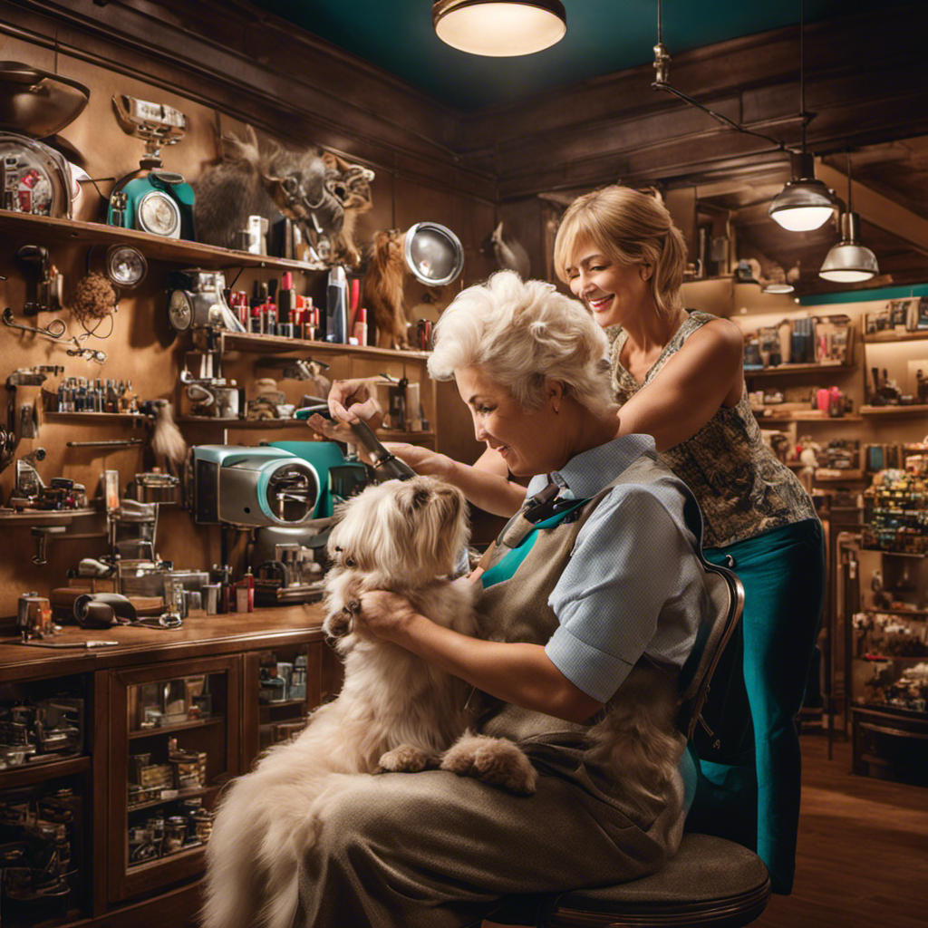 An image capturing the meticulous hands of a skilled groomer delicately trimming the fur of a contented pet, surrounded by vibrant grooming tools and a cozy, pet-friendly ambiance, showcasing the professional and compassionate atmosphere of a pet store