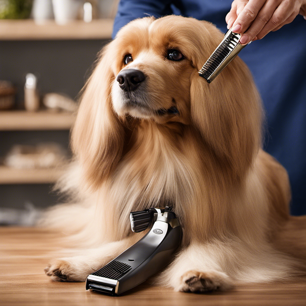 An image showcasing an Oster pet hair trimmer in action, cutting a dog's fur to a uniform length of 1/8 inch