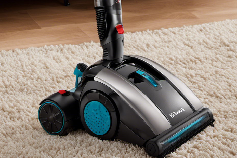 An image showcasing a close-up of a Bissell vacuum cleaner angled towards a carpeted floor