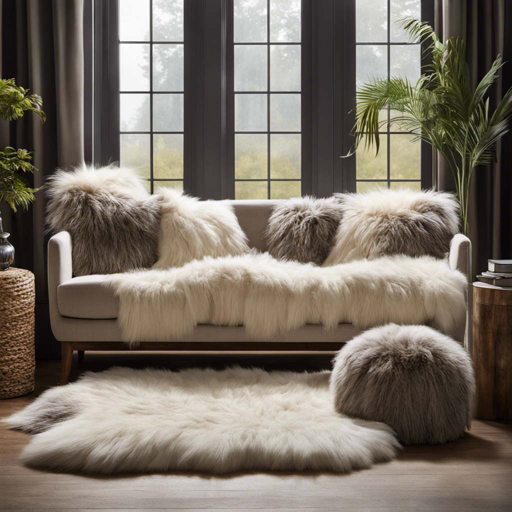 An image showcasing a cozy living room with a plush sofa covered in a thick layer of pet hair