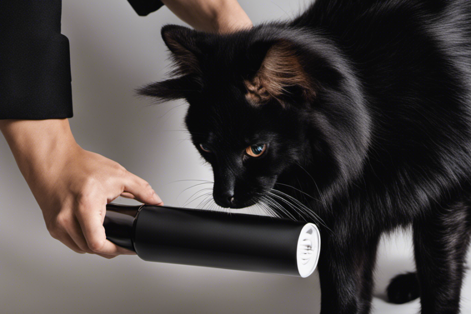 An image capturing a person wearing a sleek black outfit, confidently stroking their pet's fur with a lint roller in hand