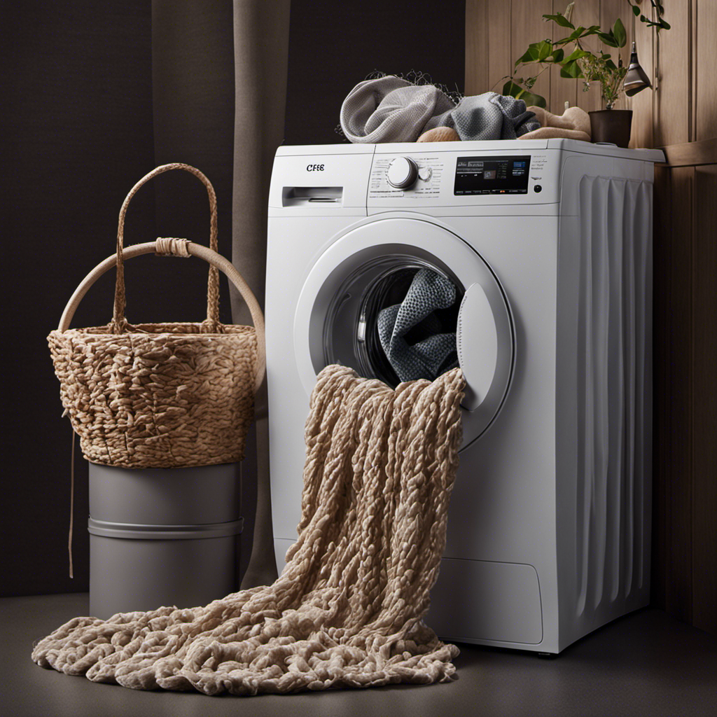An image showcasing a washing machine with a mesh laundry bag filled with pet hair, tangled around clothing