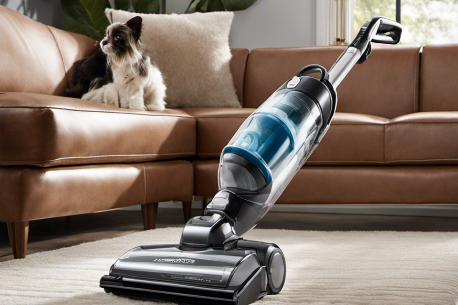 An image showcasing a person using a vacuum cleaner with a pet hair attachment, meticulously gliding it over a plush couch
