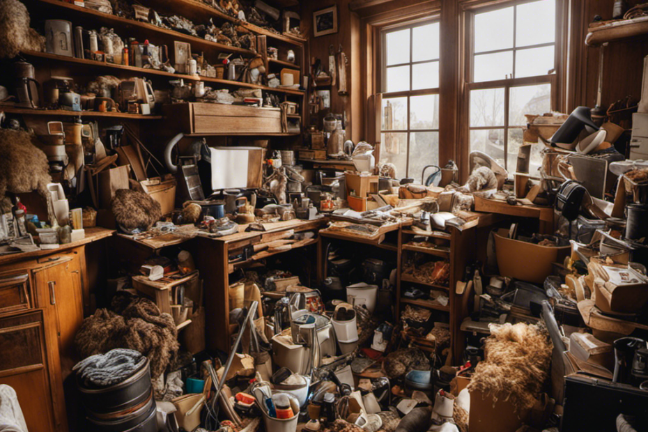 An image capturing the transformation of a cluttered hoarder's house engulfed in a sea of pet hair, as diligent hands equipped with vacuum cleaners and cleaning supplies restore order and cleanliness to every inch