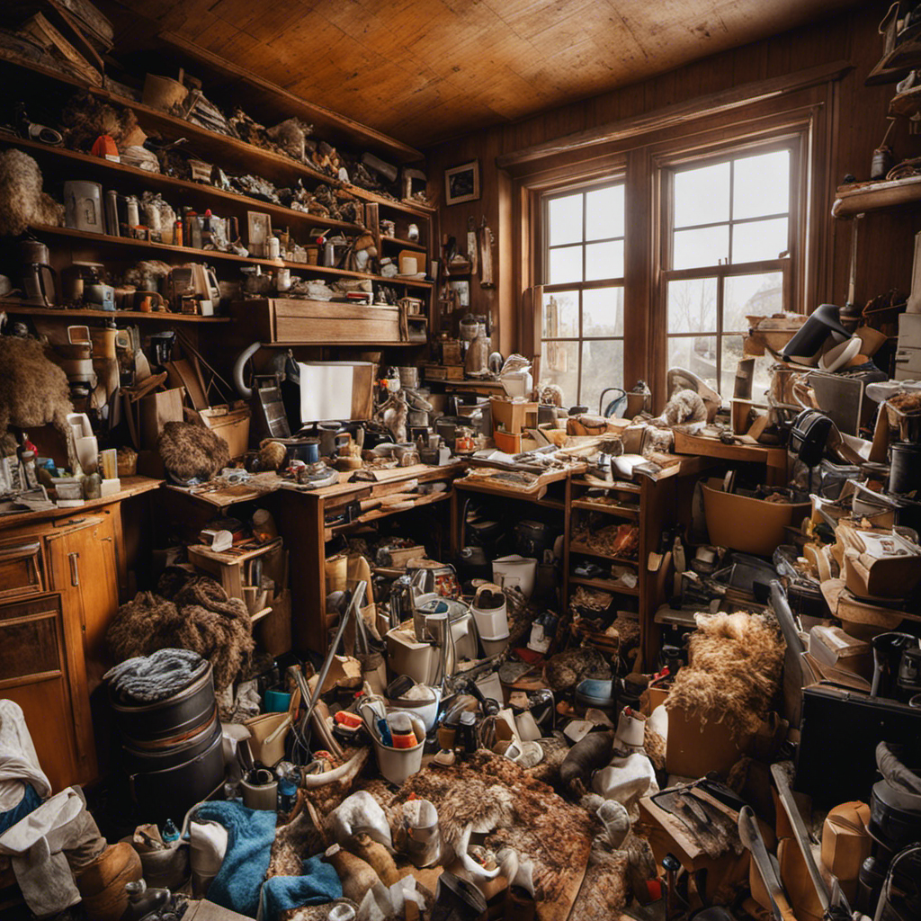 An image capturing the transformation of a cluttered hoarder's house engulfed in a sea of pet hair, as diligent hands equipped with vacuum cleaners and cleaning supplies restore order and cleanliness to every inch