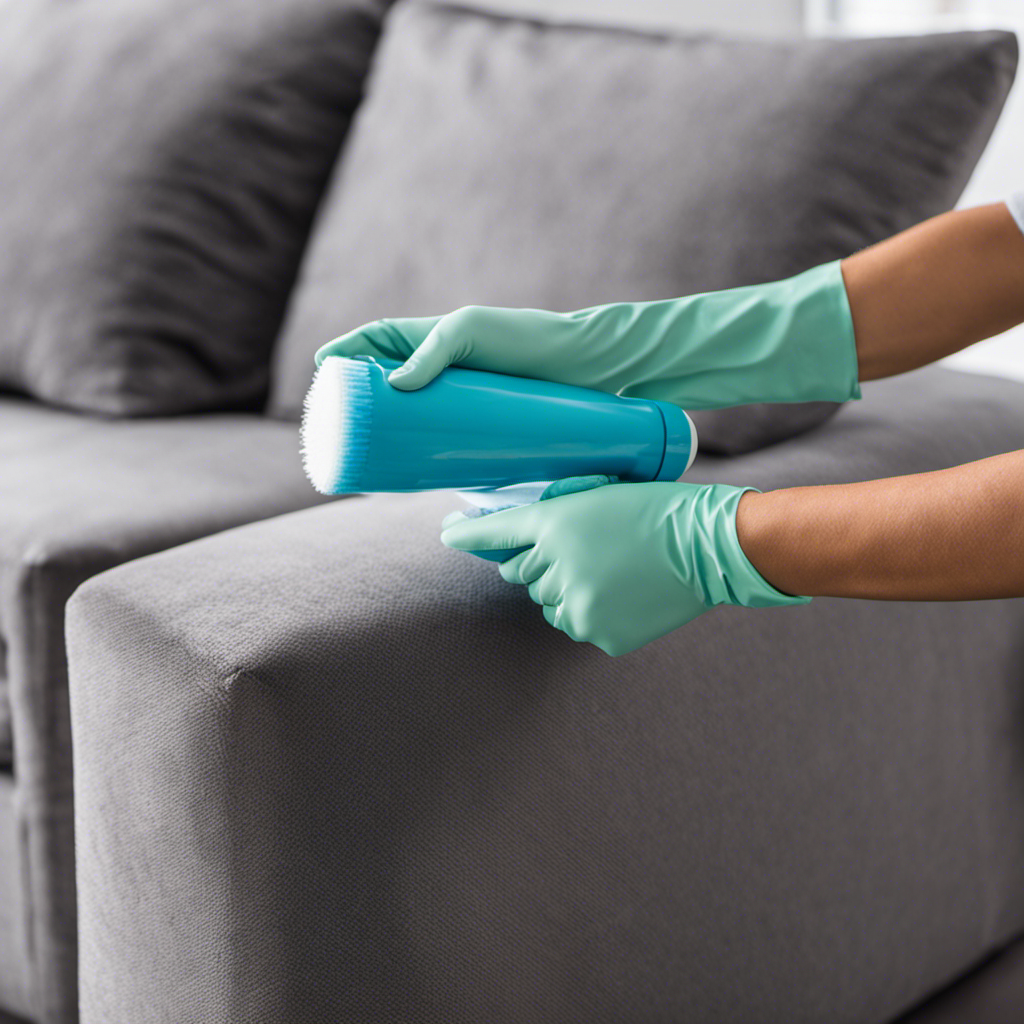 An image of a person wearing rubber gloves and using a lint roller to remove pet hair from a couch