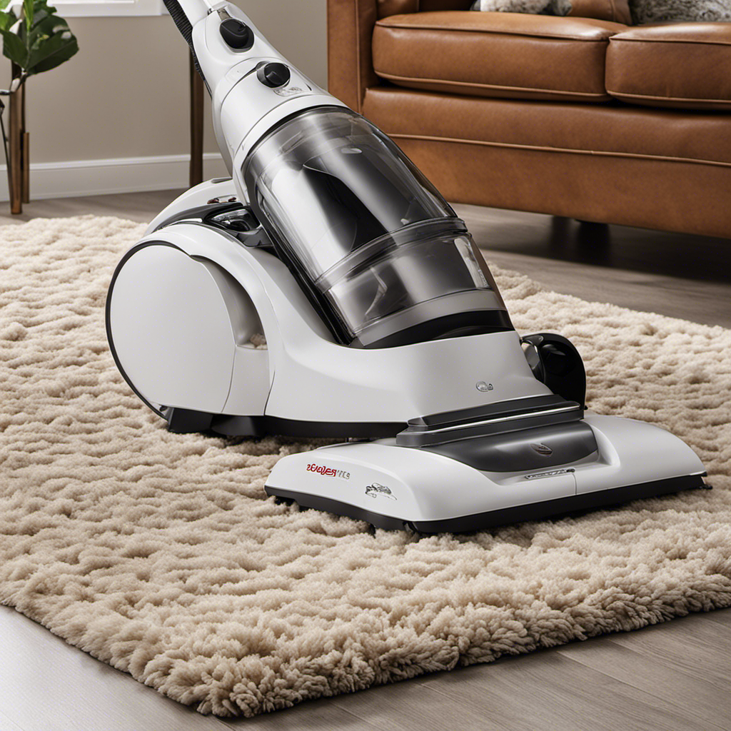 An image that showcases a vacuum cleaner fitted with a pet hair attachment, gliding effortlessly over a plush area rug