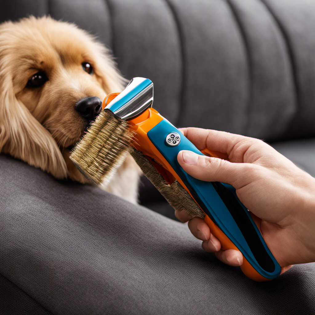 An image depicting a hand holding a Gonzo Pet Hair Lifter, showcasing its unique bristle pattern removing pet hair from various surfaces like couches, carpets, and clothing